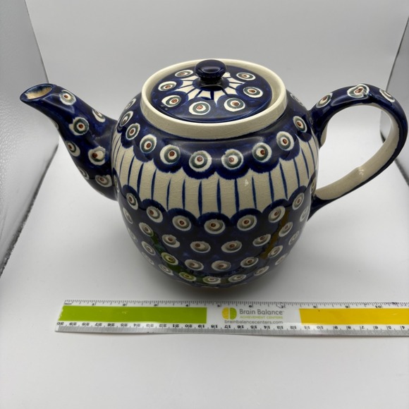 Boleslawiec Polish Pottery Ceramic 7" Teapot Lid Peacock Blue Green Some Crazing - Picture 13 of 13